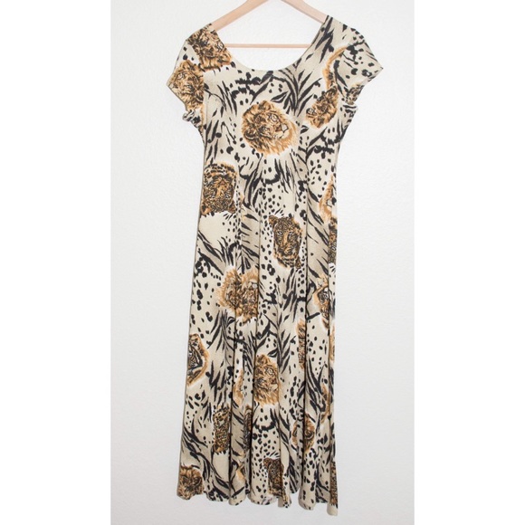 Vintage La Fete Ribbed Button Front Midi A-Line Dress with Lion and Tiger Print - Picture 3 of 5